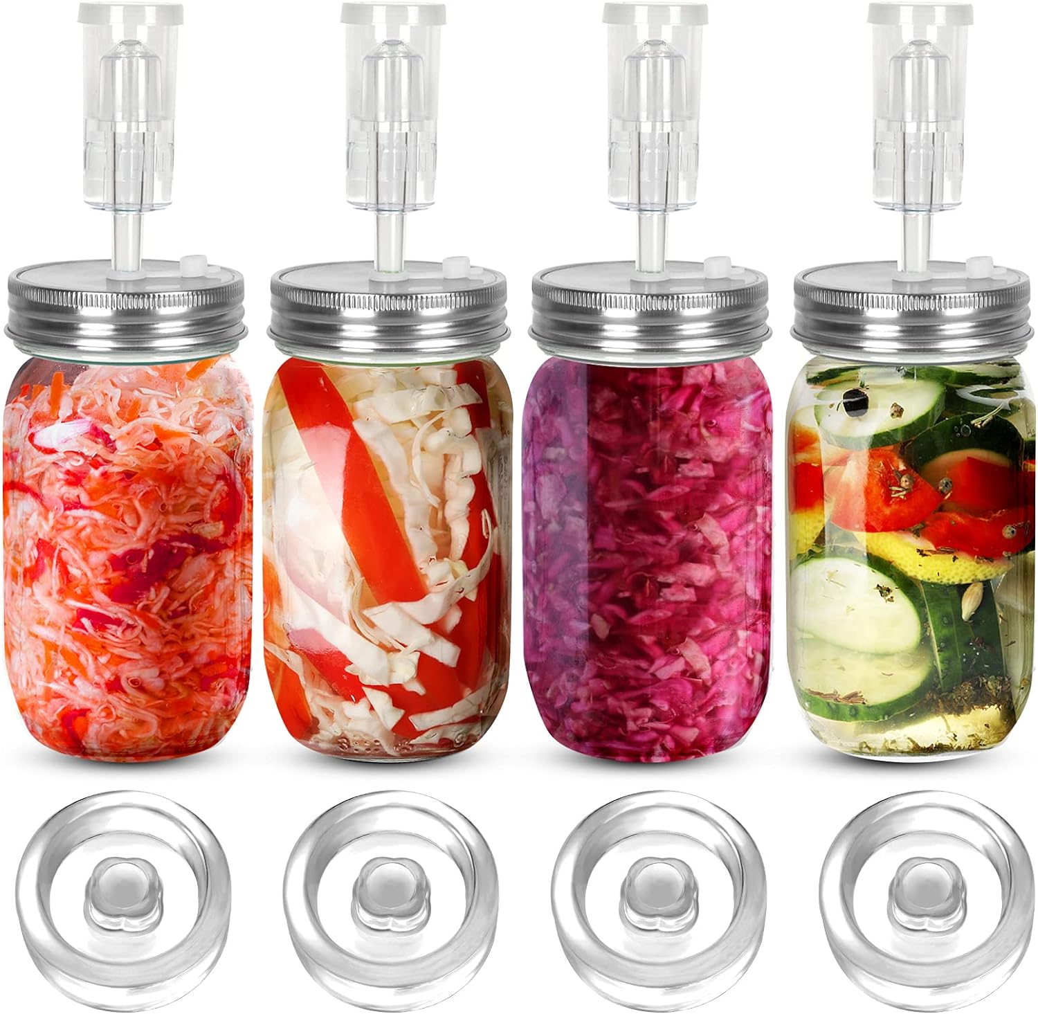Samshow Fermentation Kit - Includes 4 NonSlip Grip Glass Fermentation Weights and 4 304 Stainless Steel Fermenting Lids with Airlocks for Wide Mouth Mason Jars Ferments Such As kimchi, Sauerkraut, etc